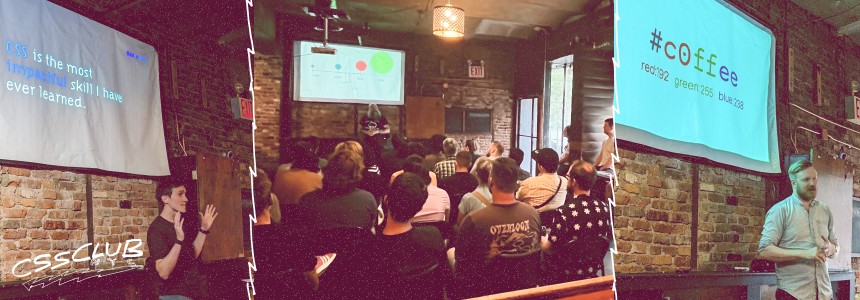 A collage of three different photos of speakers and the audience at CSS Club NYC #1